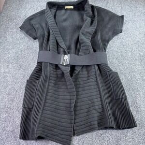 MICHAEL Michael Kors Ribbed Cardigan Women L Black Belted Short Sleeve Sweater